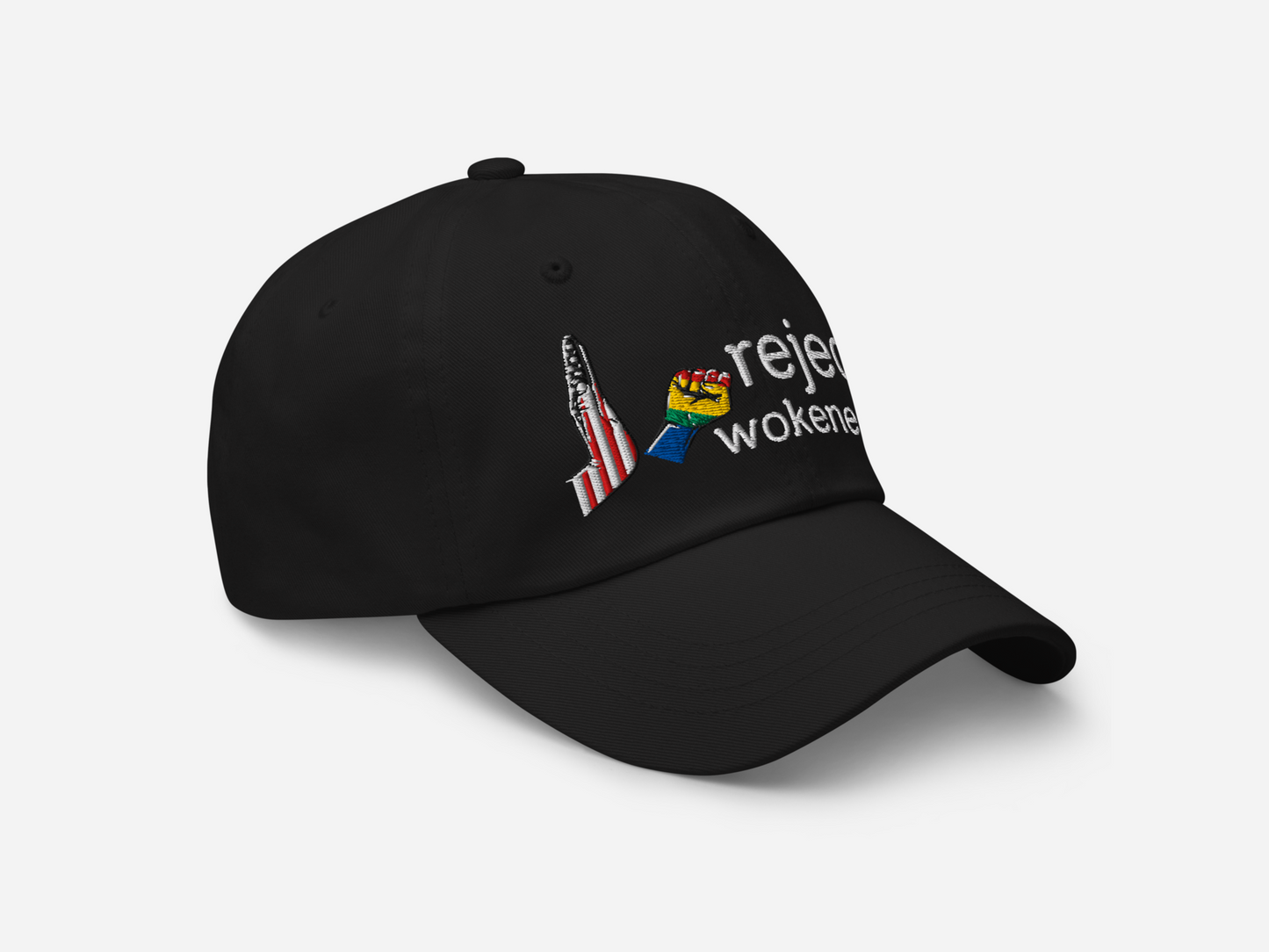 Black dad hat featuring 'reject wokeness' embroidered in white text, with a colorful fist and American flag design, shown at a right-angled front view on a white background