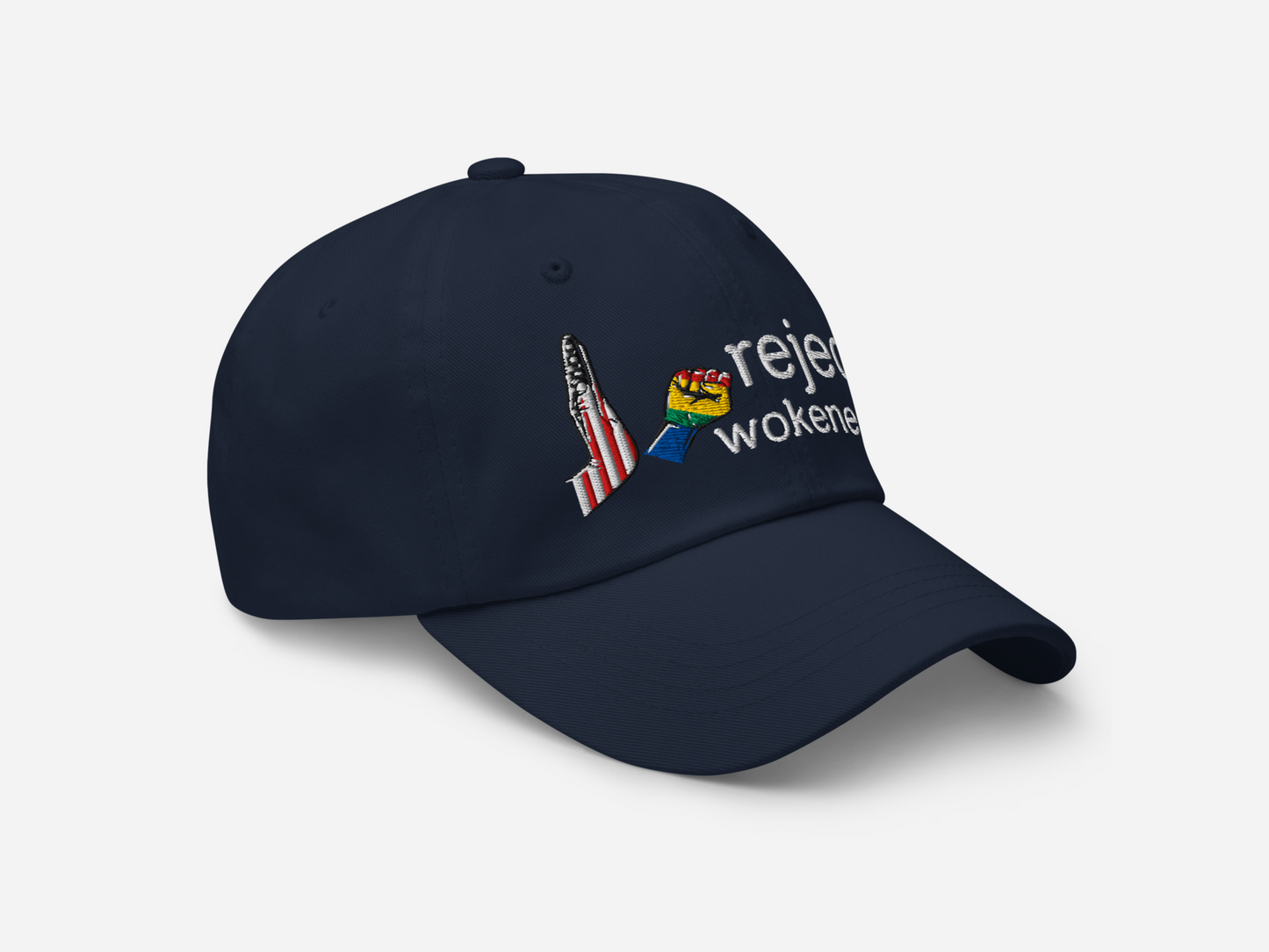 Navy dad hat featuring 'reject wokeness' embroidered in white text, with a colorful fist and American flag design, shown at a right-angled front view on a white background