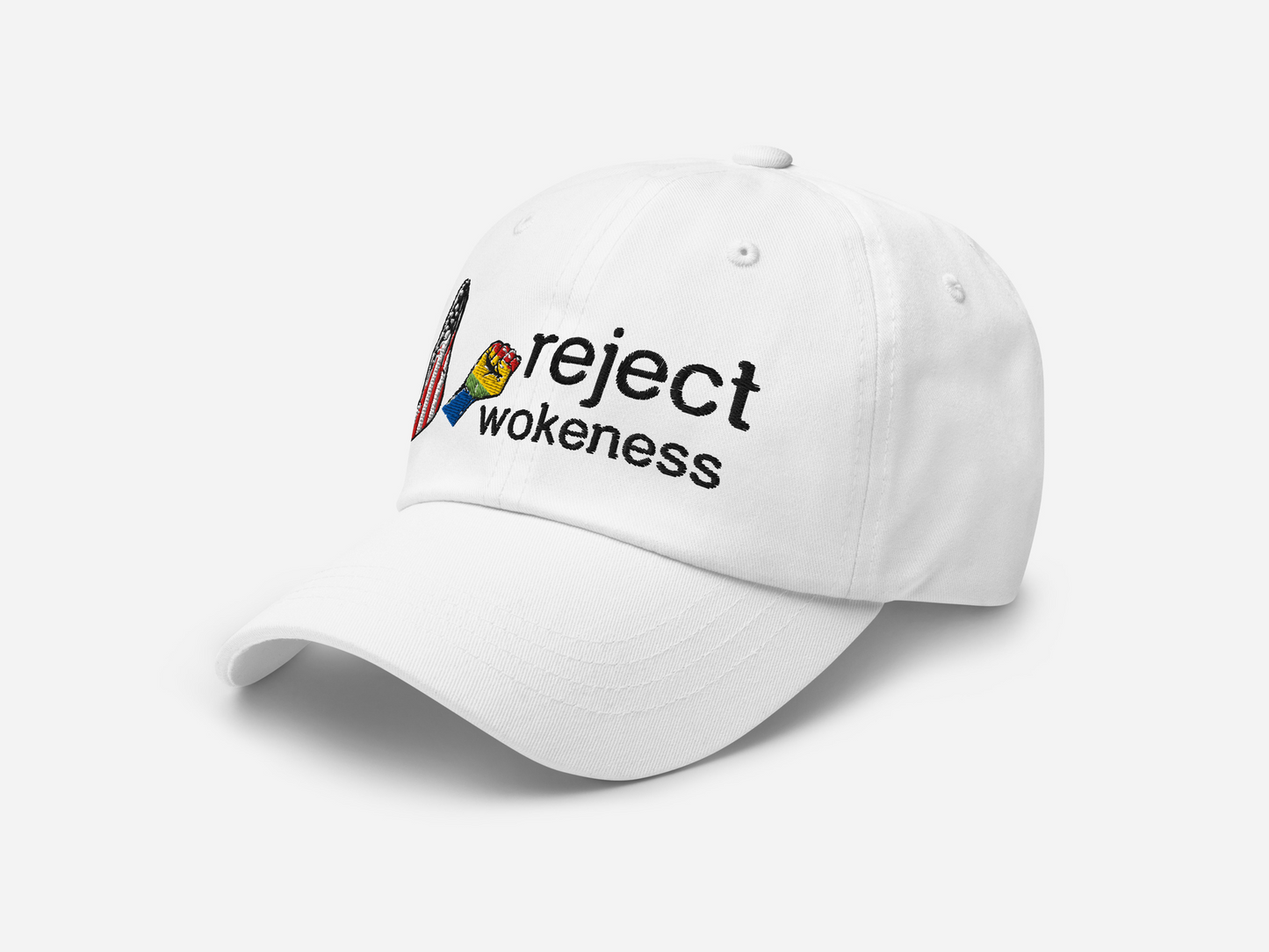 White dad hat featuring 'reject wokeness' embroidered in black text, with a colorful fist and American flag design, shown at a left-angled front view on a white background
