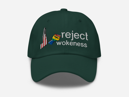 Spruce dad hat with 'reject wokeness' embroidered in white text, accompanied by a colorful fist and a stylized American flag design on the front, displayed against a white background