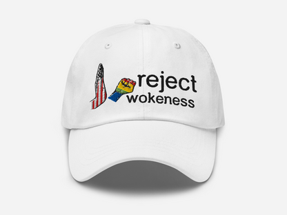 white dad hat with 'reject wokeness' embroidered in black text, accompanied by a colorful fist and a stylized American flag design on the front, displayed against a white background